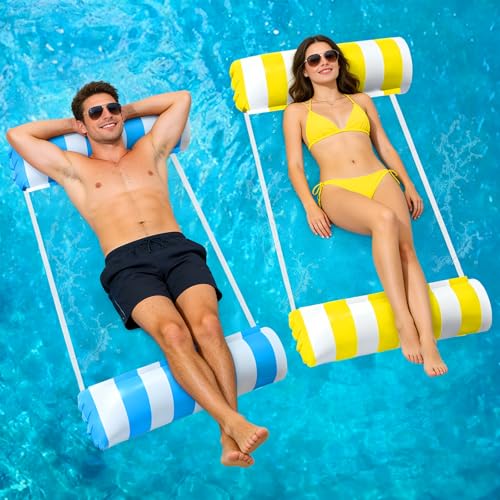 GOLDGE Tapete de piscina para adultos com insuflador, 2 unidades flutuadores piscina insufláveis para adultos XL, 4 em 1 tapete de praia, flutuante para adultos, rede de água e verão, insuflável praia