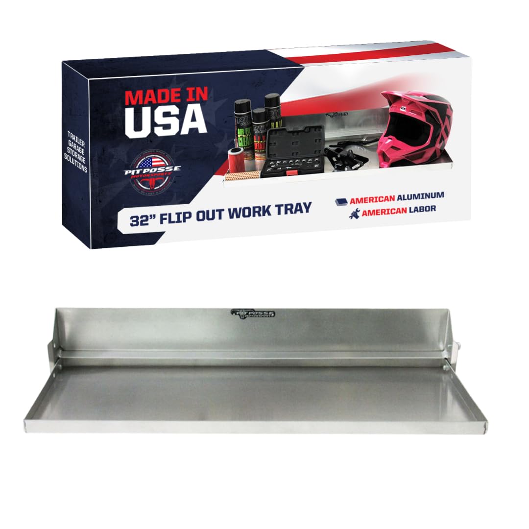 Pit Posse 610 Work Station Fold Down Flip Out Tray Shelf Cabinet 32" Tool Holder - Made in USA - Garage Enclosed Cargo Race Trailer Automotive Shop Accessory Aluminum Storage Organizer (Silver)