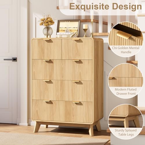 Image of QUW Fluted 5 Drawers Dresser for Bedroom, Modern 40.2 inch Tall Drawer Dressers with Metal Handle, Wooden Chest of Dresser for Living Room, Hallway, Solid Wood Legs, Curved Profile Design, Natural Oak