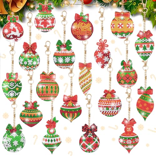 20Pcs Christmas Diamond Painting Kits Keychains 5D DIY Diamond Art Kit for Kids Adults Christmas Ornaments Art Pendants Keychain Crafts Festive Decorations Arts Crafts Holiday Gift Set with Tools