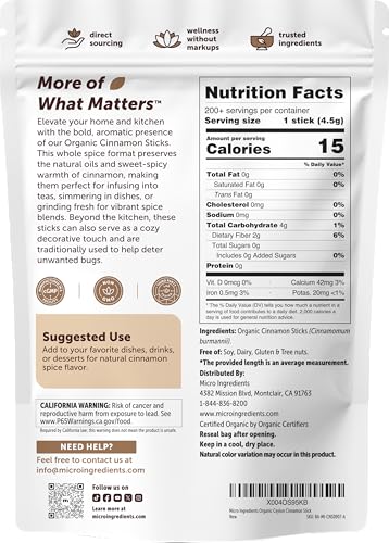 Micro Ingredients Organic Cinnamon Sticks Whole, 2lb (200+ Sticks) | Bold Aroma & Flavor | Great for Tea, Desserts & Cooking | Non-GMO, Vegan Friendly, Bulk Supply - Image 3