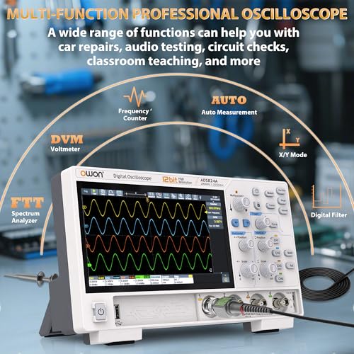 Image of OWON ADS824A Oscilloscope, 200MHz 4 Channels Oscilloscope 7 inch LCD | 12bits Vertical Resolution Oscillograph, 50M Memory Depth 1.25GSa /s Sample Rate