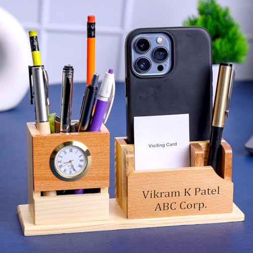 Image of EpicLane Customizable Wooden Pen Holder with Clock, Visiting Card Holder & Mobile Stand | Personalized Name Engraving Desk Organizer (Modern)