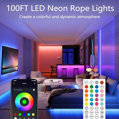 Image of 100FT Led Rope Lights,Flexible Neon Light Control with App /Remote,Multiple Modes,IP65 Outdoor Waterproof,Music Sync Strip for Bedroom
