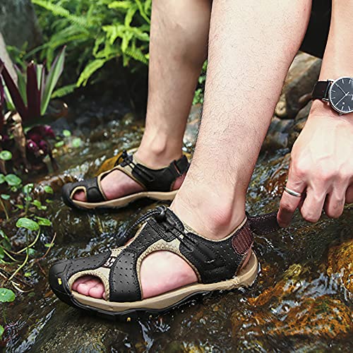 MILDSEVEN Handmade Men's Classics Hiking Sandals, Large Size Fashion Real Leather Closed Toe Sandals, Breathable Outdoor Backpacking Beach Shoes,11.5,Black3