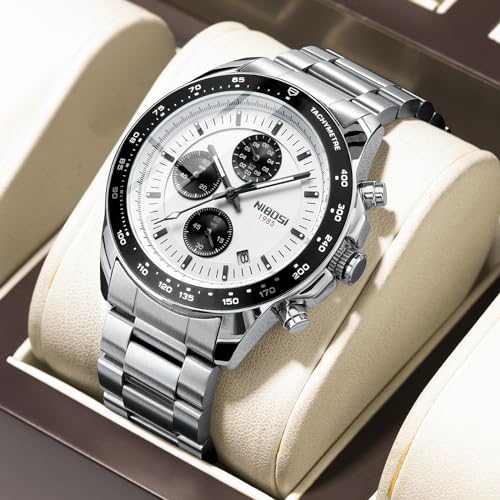 Image of NIBOSI Watches for Men Fashion Business Brown Men's Watch Military Waterproof Chronograph Quartz Wrist Watches with Stainless Steel Leather Strap