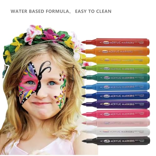 Image of Body Painting Acrylic Markers Set for Rock, Glass, Paper & Wood | Non-Toxic, Water-Based Bright Temporary Tattoo Art Pen | Colorful Skin Face Paint Kit for Teen Girls and Boys (Pack of 12)
