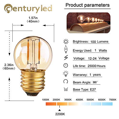 Century Light G40 LED filament Mini Globe gloeilamp 1 W laagspanning AC/DC 12-24 V ultra warm wit 2200 K Amber Glow 10 W… - Afbeelding 3