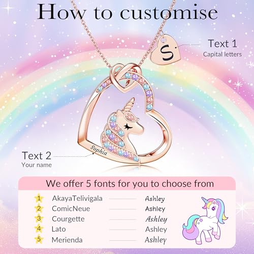 Easycosy Personalized Unicorn Necklace for Girls, 18K Gold Plated Custom Initial&Name Jewelry, Colorful CZ Heart Pendant Unicorn Birthday Gift for Little Girls Daughters Kids3