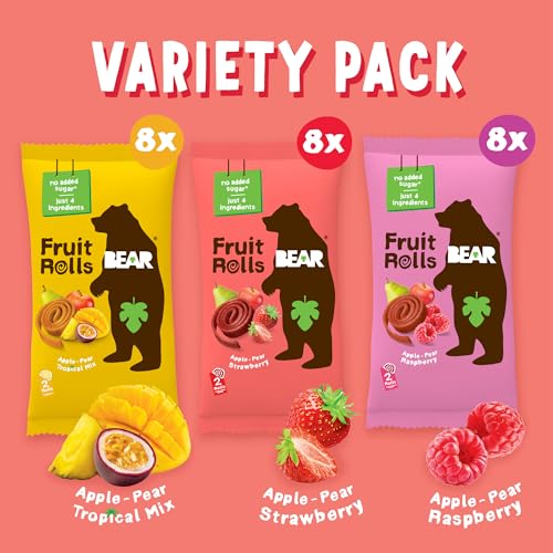 Image of BEAR Real Fruit Snack Rolls - Gluten Free, Vegan, and Non-GMO - Variety Pack (Strawberry, Raspberry, Tropical)) - 48 Rolls, Healthy School and Lunch Snacks for Kids and Adults, 0.7 Ounce (Pack of 24)