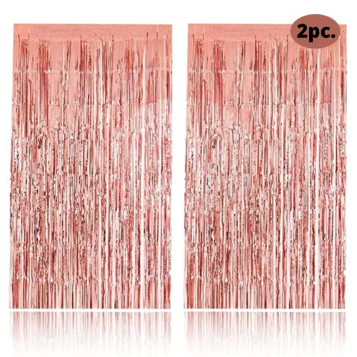 Image of 3 ft X 6 ft 10 inches Rose Gold Metallic Fringe Curtains for Anniversary Parties, Birthday Party (2Pc Rose Gold Metallic Tinsel Foil Fringe Curtains)