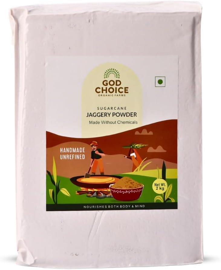 God Choice Organic Jaggery Powder 2kg | Natural & Unrefined Desi Gud/Gur | Sharkara Bellam, Nattu Sakkarai | Chemical-Free Sweetener | Rich in Iron & Minerals | Healthy Sugar Substitute (Pack of 1)