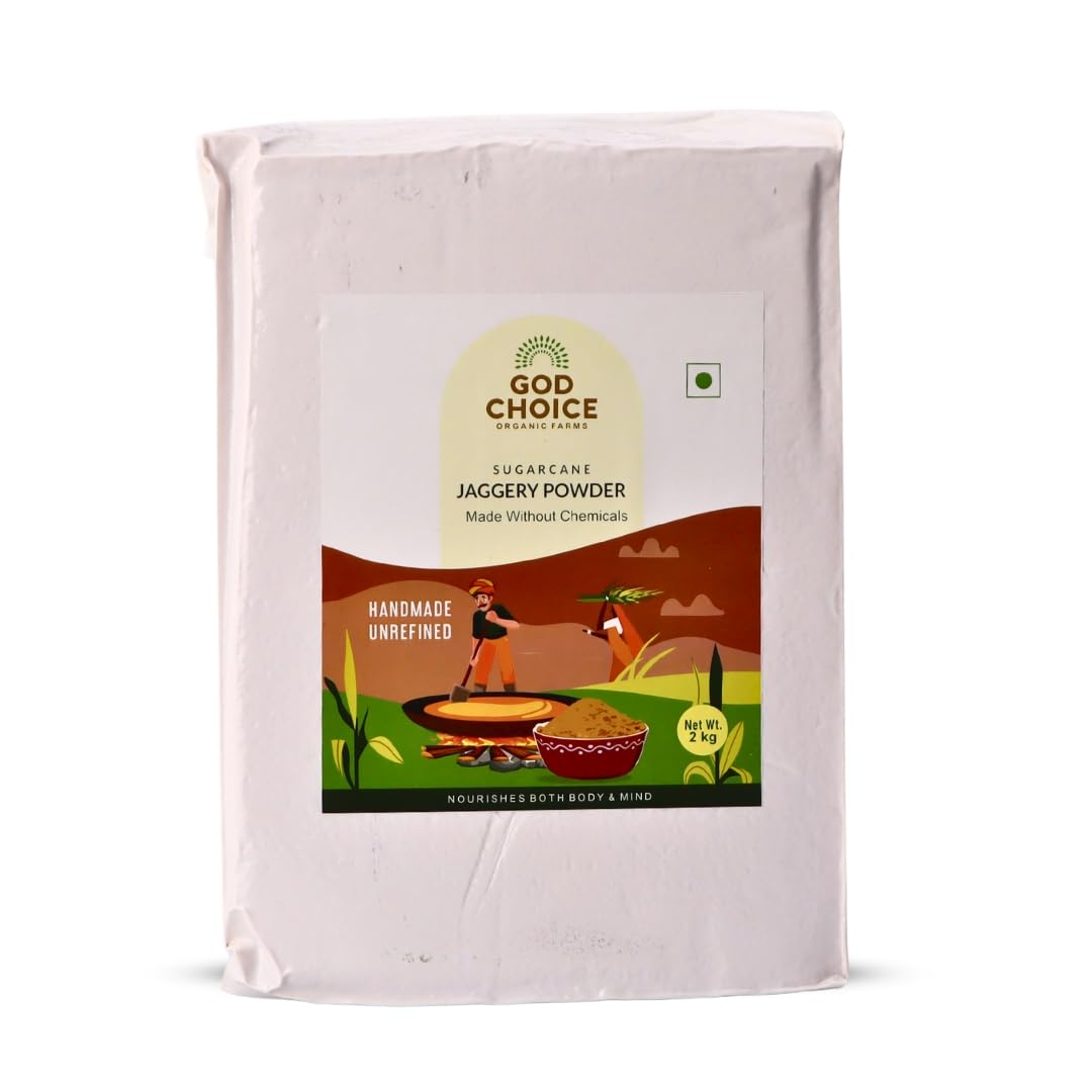 God Choice Organic Jaggery Powder 2kg | Natural & Unrefined Desi Gud/Gur | Sharkara Bellam, Nattu Sakkarai | Chemical-Free Sweetener | Rich in Iron & Minerals | Healthy Sugar Substitute (Pack of 1)