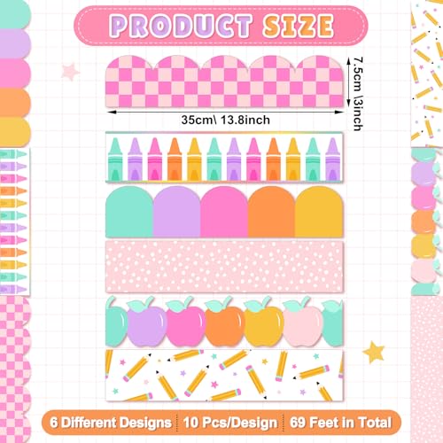 Image of 60 Pcs 69 ft Pastel Bulletin Board Borders Back to School Classroom Decor Pencil Dot Apple Crayon Die-Cut Border Trims for School Teacher Classroom Blackboard Decoration
