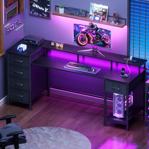 Image of Korfile 61 Inch Computer Gaming Desk with Power Outlets & LED Lights Reversible Home Office Desk with Adjustable 5 Fabric Storage Drawers for Working Writing Study, Black