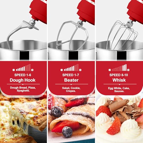Image of Kitchen in the box 7QT 900W 10-Speed Stand Mixer, Tilt-Head Kitchen Electric Mixer with Dough Hook, Whisk & Flat Beater(Red)
