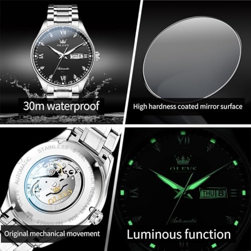 Image of OLEVS Automatic Watches for Men Self Winding Mechanical Wristwatch Luxury Business Dress Stainless Steel Luminous Waterproof Calendar Mens Watch