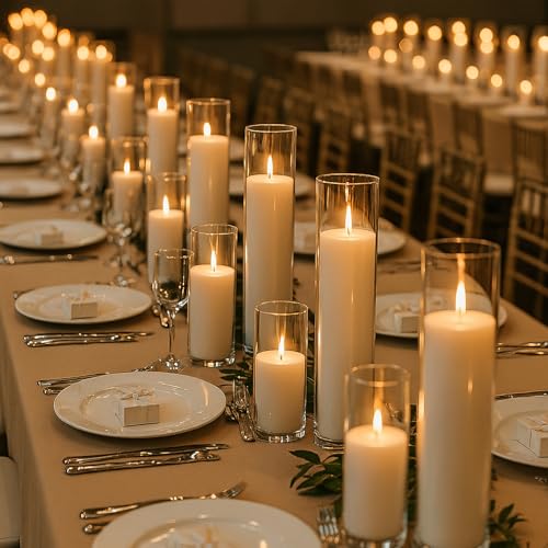 Trxvxo 18 PCS Pillar White Candles in Glass Hurricane Candles Wedding Cylinder Candle 3 Different Lengths 2 x 3/6/8 Inch (6 Each) Creating an Atmosphere Suitable for Various Outdoor Activities.
