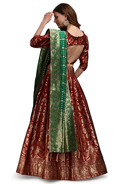 Damska sukienka żakardowa Lehenga Choli & Dupatta na wesele, dowolny rozmiar (Lehenga: częściowo szyta i bluzka: bez szycia)