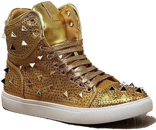 Image of Enzo Romeo Men's High Top Crystal Shimmer Rhinestone Blink Flat Spike Fashion Sneakers Shoes BUL2