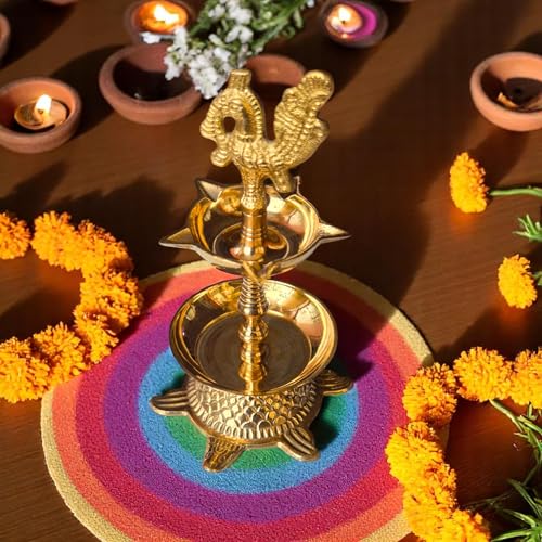 Image of Kerala Brass Peacock Head Tortoise Panchmukhi Diya for Pooja with Flower Holder | Small Size Kachua Kuthu Vilakku, Brass Diya for Pooja and Home, Office & Gifting | 6 Inches, 275 Grams