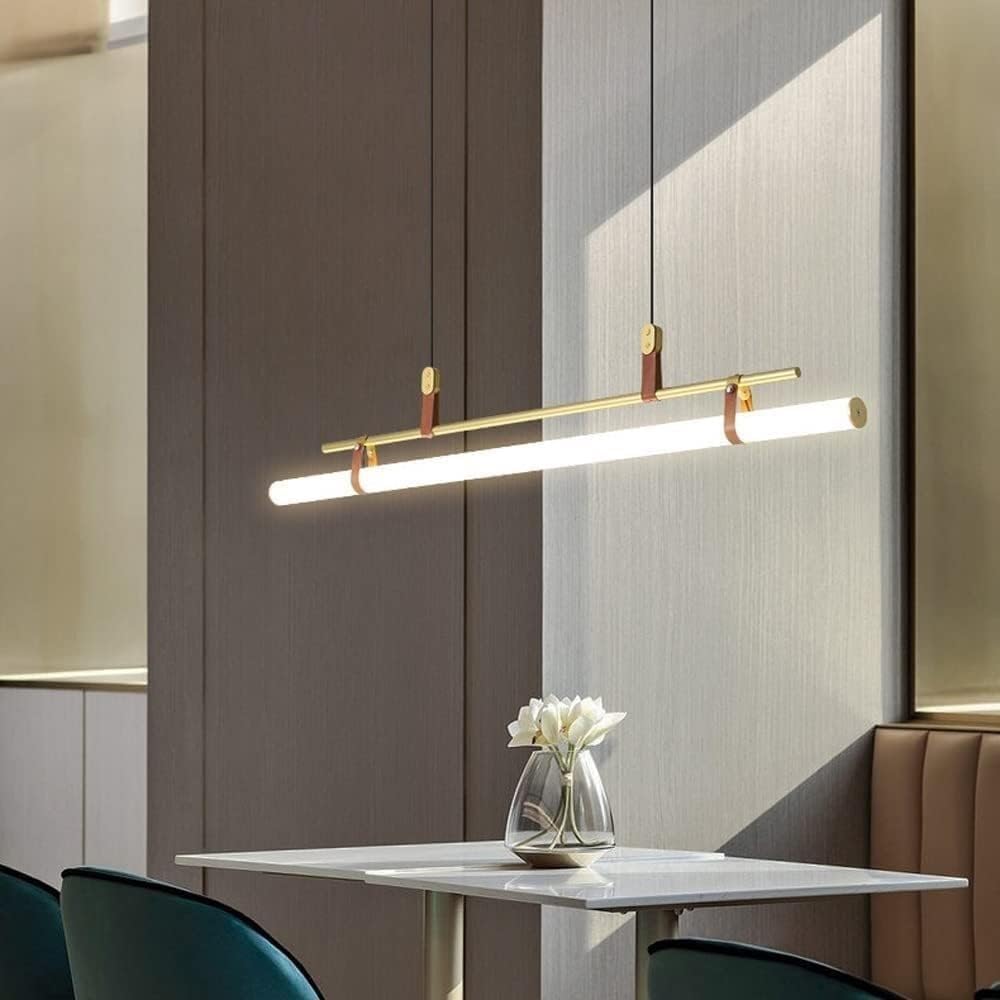 Nordic Minimalist Led Linear Light 46W Strip Hanging Ceiling Light Tube Suspended Chandelier Kitchen Island Lighting Fixture for Dining Room Breakfast Bar Living Room/K