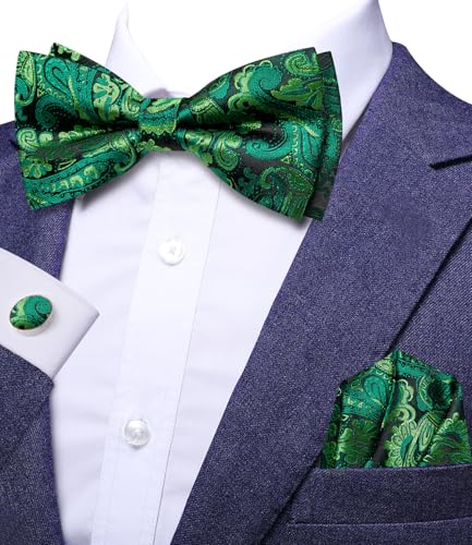 Image of Hi-Tie Bow Ties for Men Pre-Tied Pocket Square with Cufflinks Mens Bowtie Sets for Wedding Formal Party