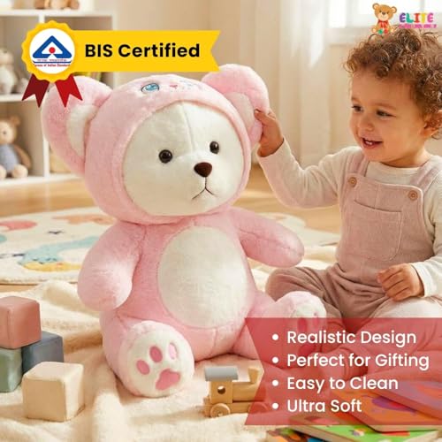 Image of ELITE CREATIONS Plush Teddy Bear, Pink, Soft Stuffed Animal, 45 cm, Hooded Costume, Paw Print Details (Hoodie Bear)
