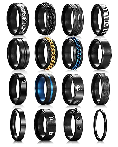 Black Stainless Steel Band Ring Set for Men Women, Simple Cool Spinner Chain Rings Pack for Men, Fashion Wedding Promise Rings for Gift Size 6-11