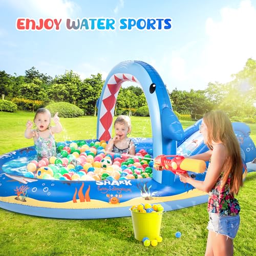 SULIFEEL Shark Inflatable Play Center Kiddie Pool with Slide and Sprinkler for Children