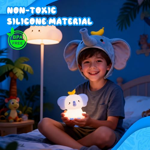 Image of Ammonite Blue Elephant Night Light, Soft Silicone Elephant Nursery Lamp with 2 Dimming Levels and 20-Minute Timer, Touch Control Nightlight for Bedroom Decor, Christmas Birthday Gift
