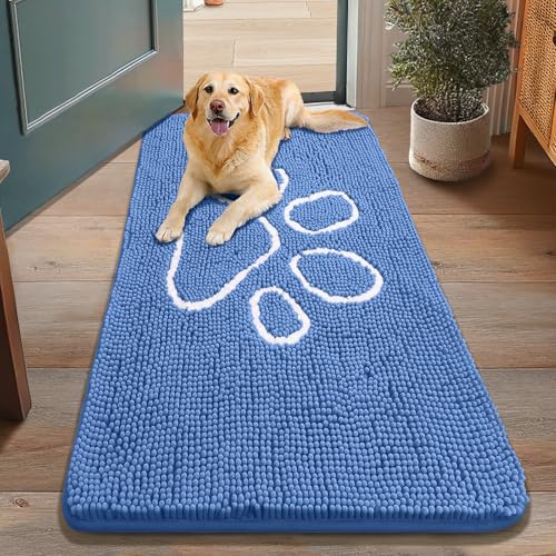 Image of Smiry Dog Door Mat for Muddy Paws, Absorbent Dirt Trapper Non Slip Quick Dry Washable Chenille Mat for Mud Dogs, Entry Rug for Indoor and Outdoor (48x30 Inches, Cornflower Blue and White)