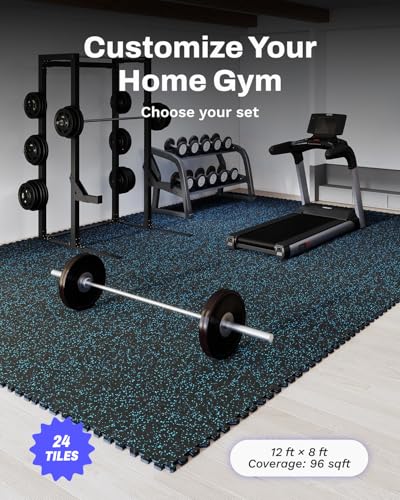 Image of AIRHOP 0.56in Thick 96 Sq Ft Exercise Equipment Mats, 24Tiles Upgraded Rubber Top with High Density EVA Foam, Large Interlocking Puzzle Gym Flooring for Home Gym, Heavy Weight Workout, Black & Blue