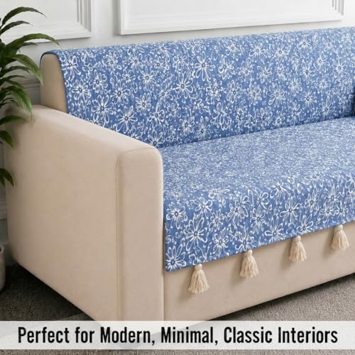 Image of STITCHNEST 'Verdant Phool Stories' 3 Seater Sofa Cover - Full Coverage| Elegant Jacquard Fabric, Decorative Tassels, Washable & Durable for Modern Living