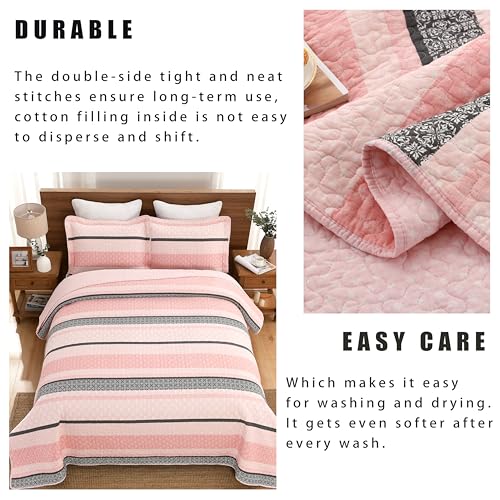 Image of Homzard Quilts Queen Size, Cotton Comforter Set, Light Pink and Grey Queen Bed Set, Lightweight Striped Bedding, Farmhouse Bedspread All Season 3 Pieces