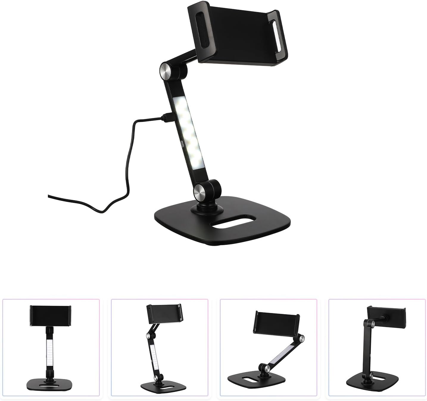 Adjustable Aluminum Tablet and Phone Stand, Portable Foldable Mobile Holder for Tablets and Smartphones, Black Desktop Bracket Compatible with Multiple Devices for Home and Office