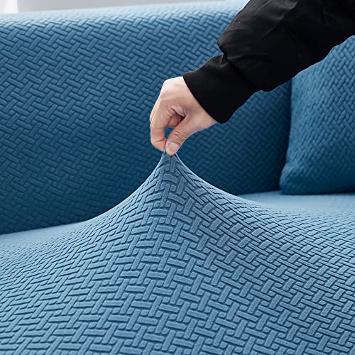 Housse de canapé d'angle modulable 5 places, protection extensible bleu royal 300-360cm