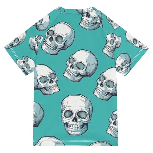 Boys Short Sleeve T-Shirts Skull Skeleton Green Rashguard Kids Swim Shirts Sun UPF 50+2
