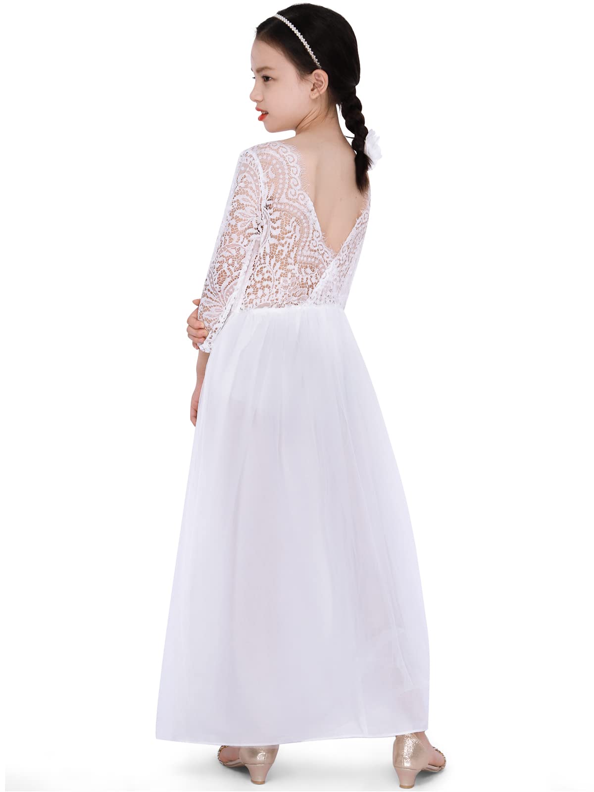 BONNY BILLY Vestido Niña Ceremonia Fiesta Boda Princesa Comunión Bautizo Encaje Tul Sin Espalda Manga Larga