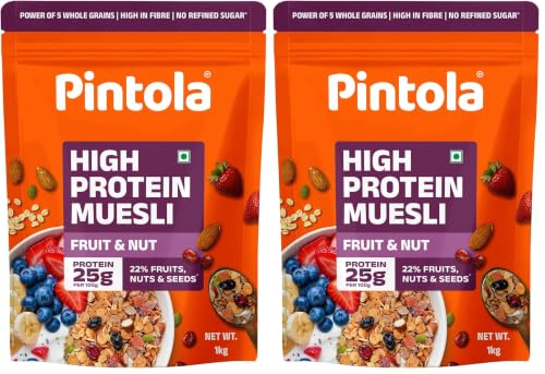 Image of Pintola 25g High Protein Muesli, Fruit & Nut, 1kg | Gluten-Free, Naturally Sweetened with Organic Jaggery & Dates, 22% Fruits, Nuts & Seeds, No Refined Sugar, Healthy Breakfast Cereal (Pack of 2)