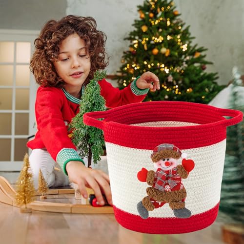 Image of Christmas Gift Baskets Empty, Christmas Decoration Storage Basket with Handle, Baby Gift Basket for Toys, Towels, Diapers, Woven Cotton Rope Basket With Santa Claus, Red