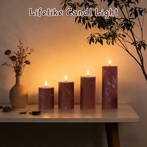 Image of Flameless Pillar Candles with Remote, Real Wax Battery Operated Decorative Candles, Brown Home Decor for Table, Fireplace Mantle, Entryway, Set of 4