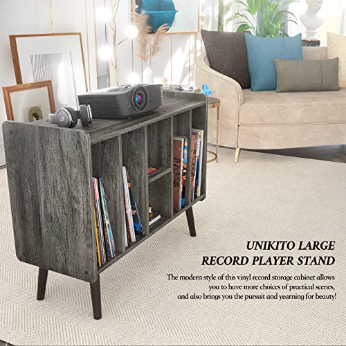 Unikito Large Record Player Stand, Vinyl Record Storage Table With Power Outlet Holds Up To 200 Albums, Turntable Stand Table With Wood Legs, Vinyl Holder Display Shelf For Bedroom Living Room, Gray #TOP5