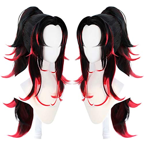 Anogol Hair Cap+Tsugikuni Yoriichi Wig Black Wigs With Red Hightlight With Ponytail Wig For Anime Cosplay, Synthetic Multi-Color With Pigtail Wigs For Halloween Costume Cosplay Wig, Long Wavy Cosplay Wig Costume For Halloween Party #TOP9