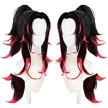 ANOGOL Hair Cap+ Black Wig with Red Hightlight for Anime Cosplay Synthetic Black and Red Wigs Long Wavy Ponytail Wigs Costume for Halloween Christmas Party