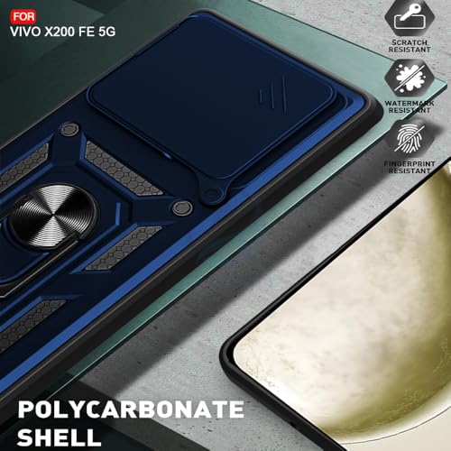 Image of AESTMO Tough Armor Vivo X200 FE 5G Bumper Back Case Cover | Ring Holder & Sliding Camera Shield Cover | 360 Degree Protection Back Case Cover for Vivo X200 FE 5G (Blue)