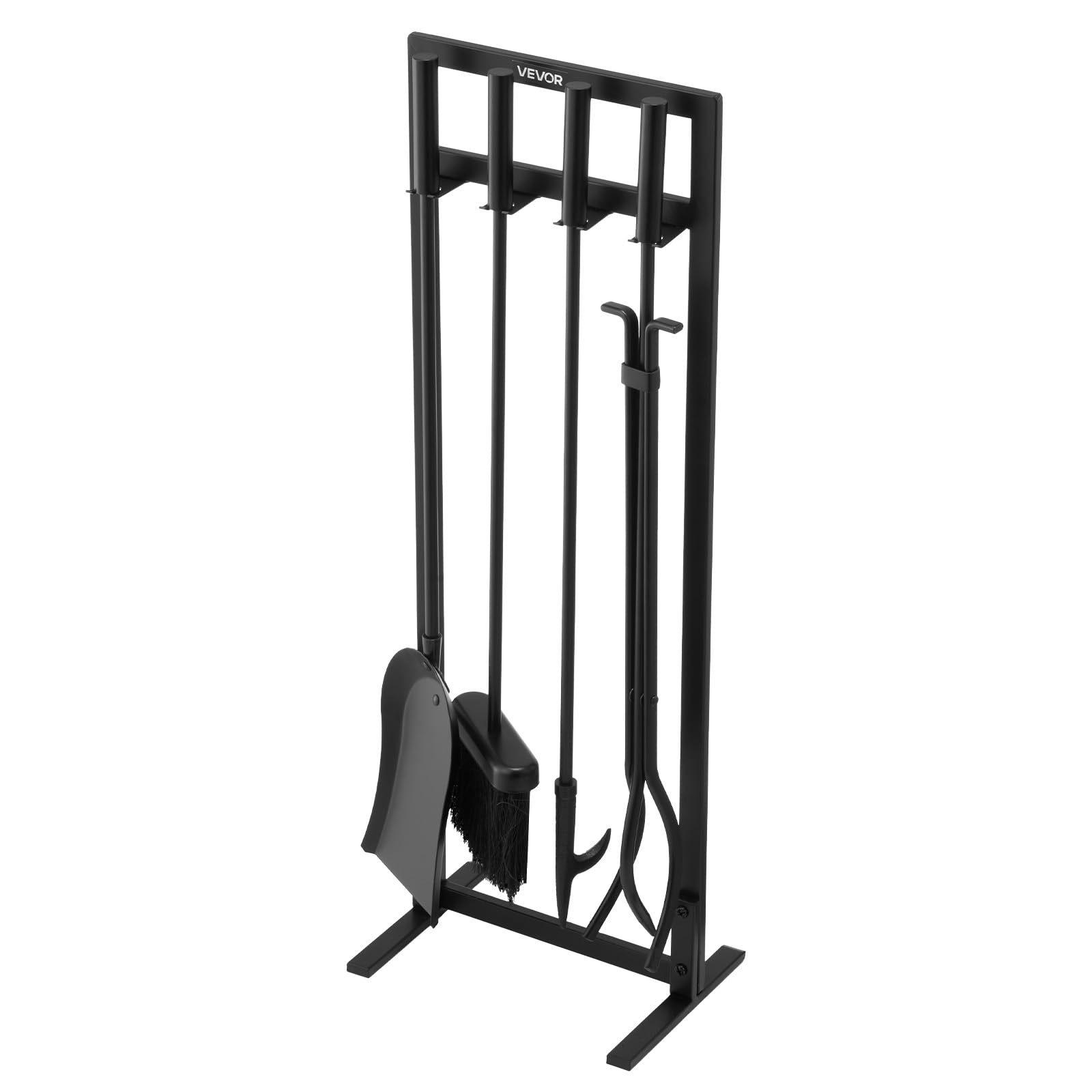 VEVOR Ensemble d'outils de cheminée, 5 pcs, ensemble serviteur de cheminée, fer forgé et acier au carbone, avec support carré, pince, pelle à cendres, brosse, tisonnier, pour intérieur/​extérieur, noir