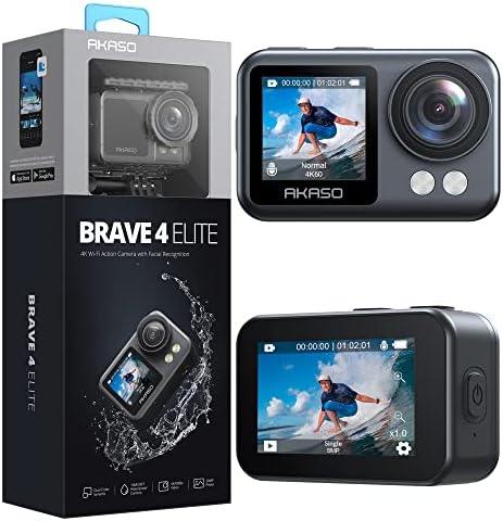 AKASO Brave 4 Elite 4K60fps 20MP Ultra HD Action Camera IPX8 33FT Underwater Camcorder Waterproof Camera with 64GB Storage, Touch Screen, Stabilization 2.0, Built-in 1650mAh Battery and Accessory Kit
