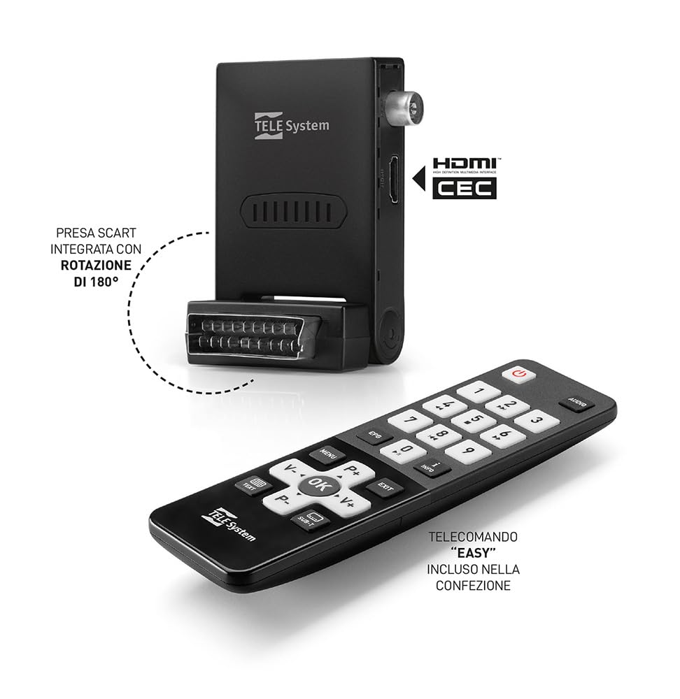 Tele System Mini Stealth Décodeur numérique terrestre avec Fonction Autoscan et LCN, Lecteur multimédia USB intégré-Télécommande Facile à Utiliser Incluse-Installation Plug & Play Via péritel ou HDMI