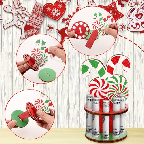 6 Pcs Christmas Wooden Money Holder for Cash Gift with 10 Holes Candy Color Christmas Money Holder with Bow Decoration for Placing Money Red Green and White Money Holder Xmas Table Decorations3